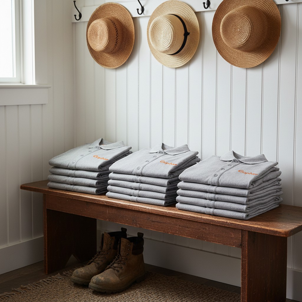 A photo of folded grey shirts displayed on a wooden bench with three straw hats hung on the wall.