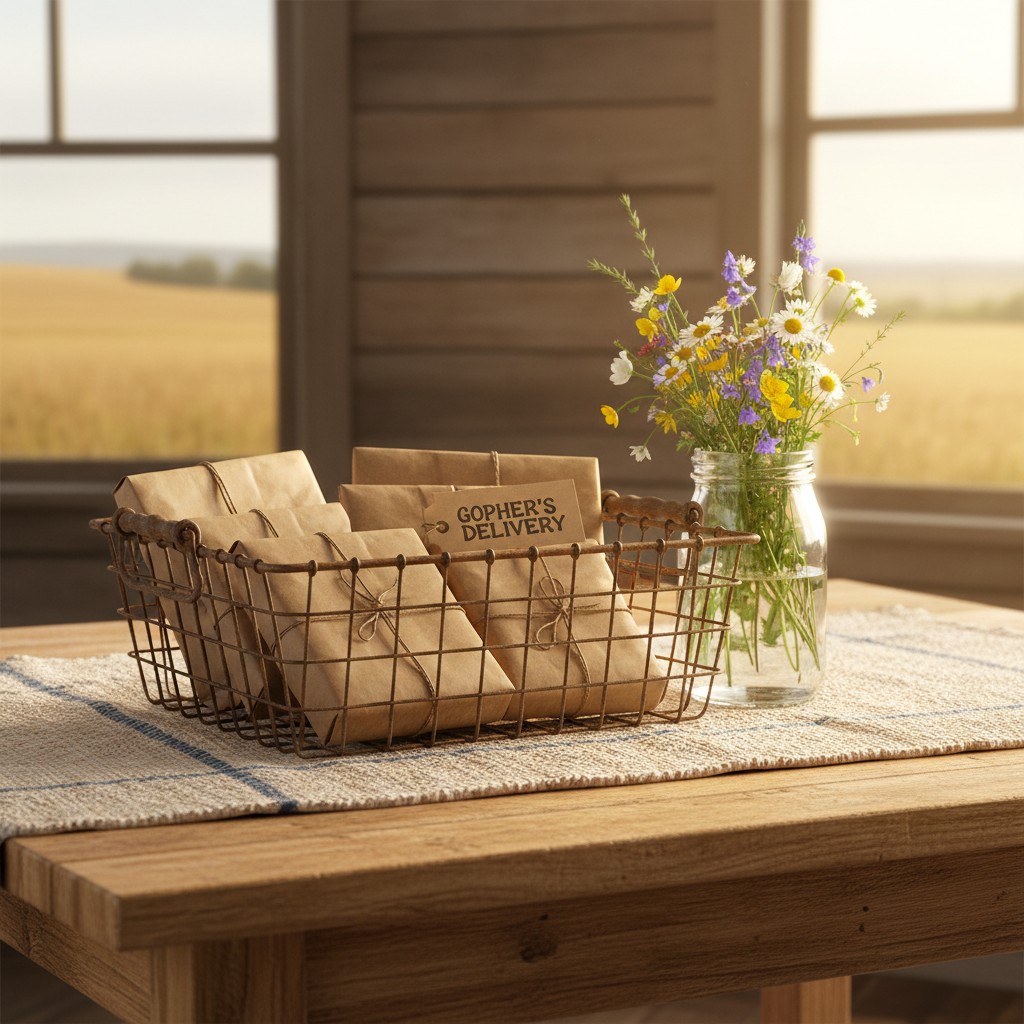 A wire shopping basket rests on a wooden table, it's filled with brown paper packages neatly wrapped in string and each sp...